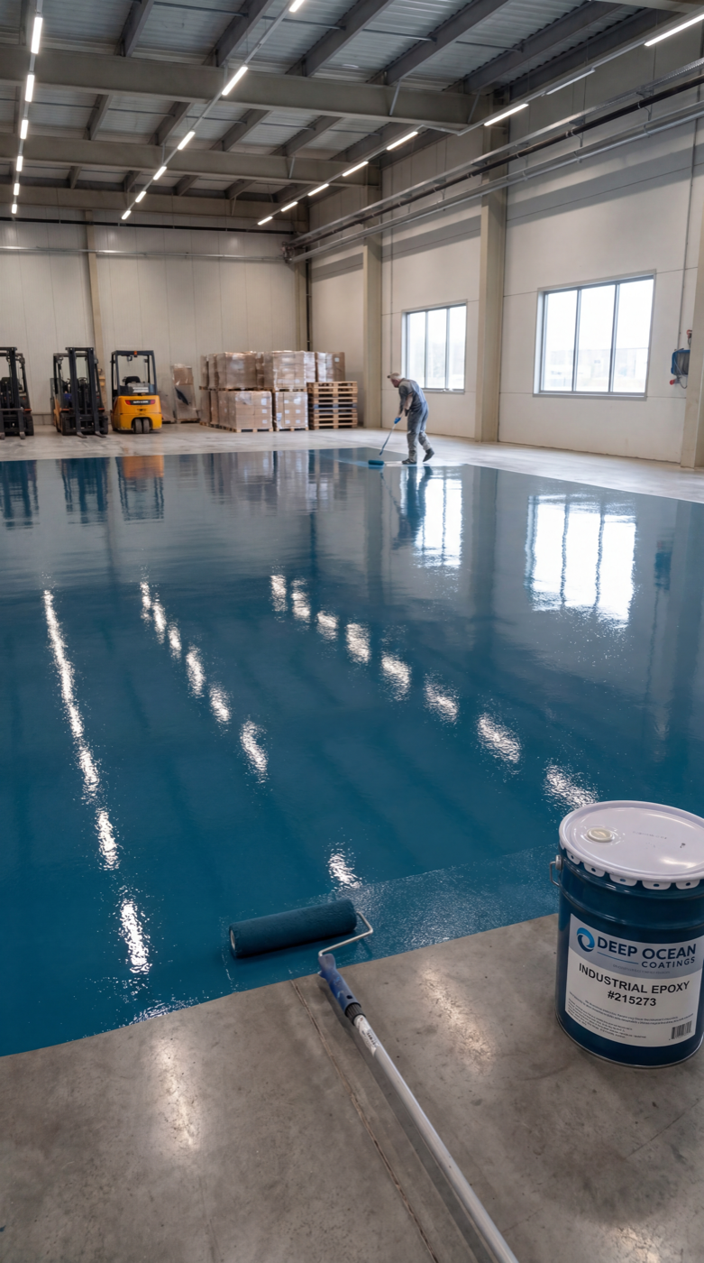 Applicateur brengt een watergedragen kunststofvloer aan in een industriële hal